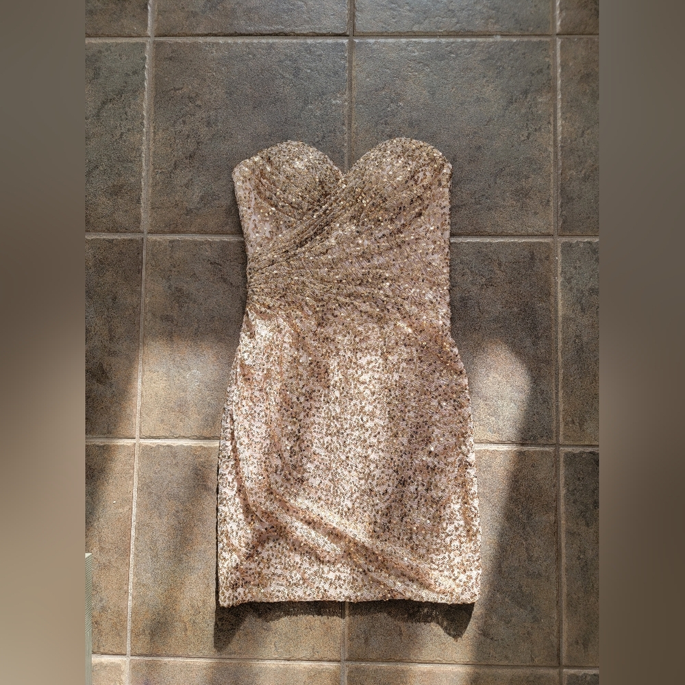 MayQueen Couture (Spring 2014 Collection) Rose gold sequin strapless mini dress